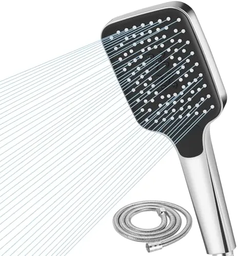 Duschkopf Wassersparend Hochdruck Duschkopf mit 2m Schlauch 5 Strahlarten Quadratische Duschbrause Universal Brausekopf Duschbrause für Baden