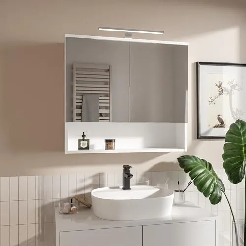 HAJDUK FURNITURE Spiegelschrank Bad 78x70 cm Weiß LED Badspiegelschrank IP44 4000K Badezimmerschrank mit Spiegel 2 Türen und Ablage Grifflos Hängeschrank