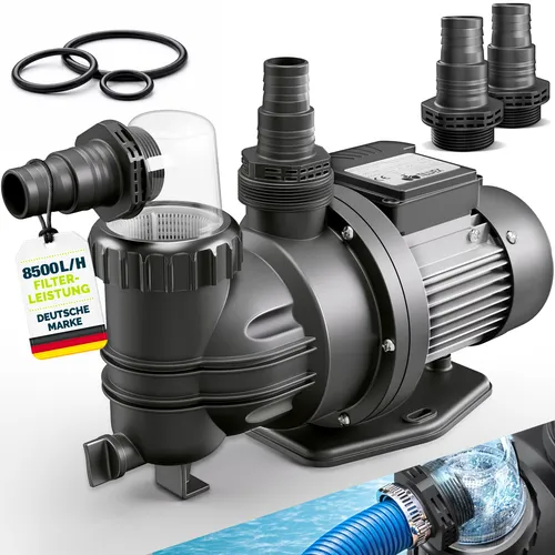 tillvex® Filterpumpe Pool 8.500L/h & 450W – Effiziente Umwälzpumpe für Schwimmbäder - Leistungsstarke tillvex® Filterpumpe für Pools bis 33 m³ mit 8.500 L/h und max. 9 m Förderhöhe. Ideal für sauberes Wasser und einfache Handhabung mit integriertem Vorfilter und optionaler Timer-Funktion.