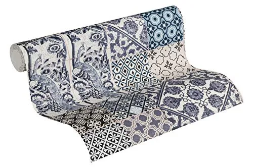 A.S. Création Livingwalls 369232 Metropolitan Stories Anke & Daan Amsterdam Tapete in Fliesen Optik Vliestapete Blau, Creme, Weiß 10,05 m x 0,53 m