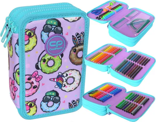 CoolPack XXL Federtasche – 44-teiliges Federmäppchen für Mädchen mit HAPPY DONUTS Motiv - Vielseitiges 3-stöckiges Federmäppchen mit hochwertigem Zubehör. Ideal für Schüler, komplett ausgestattet und perfekt organisiert für den Schulalltag.