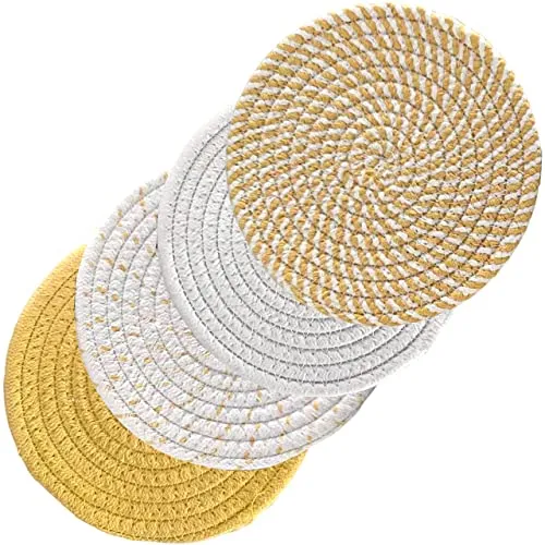 Svkiyang 4 Stück Topfuntersetzer Set Untersetzer Baumwolle Faden Weben Matte Heißer Topf Halter Topflappen,4 Farben Runde Geflochtene Untersetzer Topf Heiß Pads Löffelablage zum Kochen in Küche…