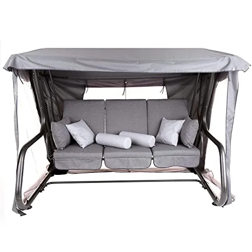 PATIO Hollywoodschaukel 4 Sitzer mit Liegefunktion 179 cm Venezia Lux Sitzpolster grau Sonnendach Moskitonetz Seitentische Dekokissen