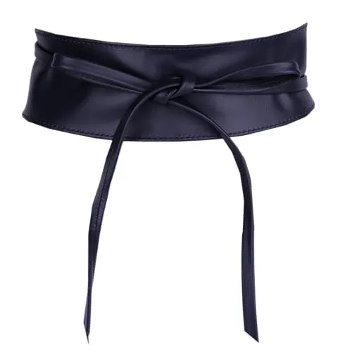 MIRROSI Taillengürtel Wickelgürtel aus Echtleder, Schleife mit breitem Bund (mit breitem Bund zum Wickeln (7cm Breit, 265cm lang) OBi Gürtel, Bindegürtel, Schnürgürtel, Wickelgürt (Navy)