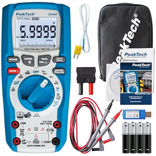 PeakTech P 3442 – True RMS Multimeter mit Bluetooth - Multimeter für Elektriker und Techniker mit 60000 Counts, Auto-Hold Funktion und Bluetooth 4.0 zur Datenübertragung auf Smartphone.
