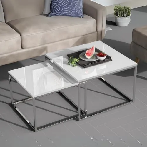 2er Set Design Couchtisch MENTO - Moderne Couchtische im Set, aus hochwertigem MDF und Edelstahl, ideal für stilvolle Wohnzimmer. Mit ihrem eleganten Hochglanz-Finish setzen sie einen besonderen Akzent.