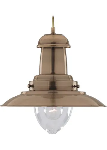 Fisherman 1-flammige Pendelleuchte Antik Messing - Lampen im klassischen Industriestil mit robustem Design. Der klare Glasschirm und das antike Messingfinish bringen Retro-Charme in Ihren Essbereich oder Flur.