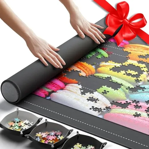 Newverest Puzzlematte zum Aufrollen 118 x 66 cm – Für bis zu 1500 Teile, rutschfeste Unterseite & Glatte Oberfläche + 3 Sortierschalen & Tragetasche für Reisen