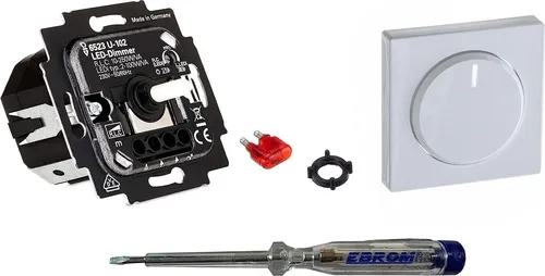 Busch Jäger 6523U-102 LED-Drehdimmer LED-Dimmer mit Dimmerscheibe Zentralplatte 6540-84-102 in Future Linear Studioweiß glänzend inklusive EBROM Phasenprüfer zur Montage des Dimmers (6523 U – 102)