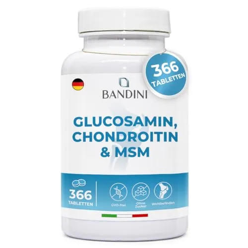 Bandini® Glucosamin Chondroitin MSM mit Vitamin C | 366 Tabletten, 6 Monate Vorrat | Für Knochen, Knorpel, Zähne & Haut | Hochdosiert mit 600mg Glucosamin, 100mg Chondroitin und MSM pro Tagesdosis