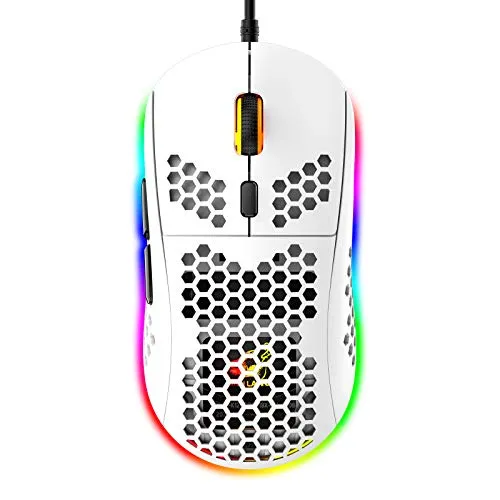 RGB Bienenwabe Leicht Gaming-Maus, 6 Programmierbare Tasten, 6 RGB-Hintergrundbeleuchtungsmodi und 6400 DPI Einstellbar, USB-Kabel, Plug & Play, Kompatibel mit Windows, Mac, Laptop, PS4, XBox Weiß