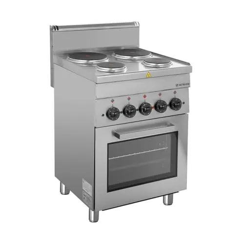 GastroHero Elektroherd Serie 66-60/60 mit Elektrobackofen - Haushaltsgroßgerät aus robustem Edelstahl, ideal für Gastronomie mit 4 Kochfeldern und höhenverstellbaren Füßen für optimale Ergonomie.