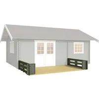 Terrasse Outdoor Life für Gartenhaus Caroline 365 x 200 cm - Robuste Holzterrasse in graugrün, ideal für Gartenhäuser. Perfekt für entspannte Stunden im Freien.