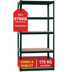 Stagecaptain Heavyrack Lagerregal Dunkelgrün, max. 875 kg - Robustes Steckregal für Lagerräume und Keller, 5 höhenverstellbare Böden mit max. 175 kg Tragkraft pro Boden, ideal auch als Werkbank nutzbar.