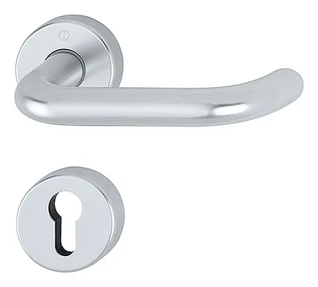 Hoppe Paris Aluminium-Rosetten-Türgriff-Garnitur - Türsicherungen mit Profilzylinder und Schlüsselrosetten, ideal für Innentüren von 40-45 mm, bietet Sicherheit und modernes Design in Silber.