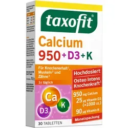 Taxofit Calcium 950 + D3 + K 30 ST - Nahrungsergänzungsmittel für starke Knochen mit 950 mg Calcium, Vitamin D3 und K. Unterstützt die Knochengesundheit und ist laktose- sowie glutenfrei.