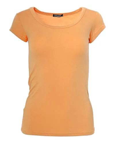 Easy Young Fashion - Damen Basic Rundhals T-Shirt - Kurzarm Unterziehshirt Skinny Fit 1001 - Apricot M
