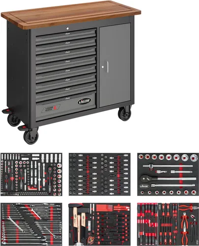 VIGOR Mobile Werkbank SeriesL, 375-teilig mit Sortiment - Praktische mobile Werkbank mit Holzplatte und höhenverstellbaren Regalböden. Ideal für Werkstätten, bietet viel Stauraum und eine hohe Traglast von 1000 kg. Sicher und stabil mit zentraler Verriegelung.