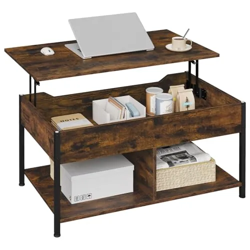 WOLTU Couchtisch höhenverstellbar, Lift-Top-Beistelltisch, Wohnzimmertisch mit Hebeplatte, Kaffeetisch, offener versteckter Stauraum, Rustikales Braun, Metall, B90xH45-60xT50-73 cm,BTS15vbn