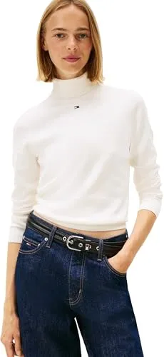 Tommy Jeans Damen Pullover Essential mit Rollkragen - Elfenbein, XL - Eleganter Pullover aus 100% Bio-Baumwolle, ideal für jeden Anlass. Zeitloses Design mit Rollkragen für optimalen Tragekomfort, perfekt für Übergang und Winter.