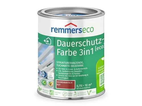 Remmers Dauerschutz-Farbe 3in1 [eco] skandinavisch rot, 0,75 Liter - Grundierungen – Wasserbasierte, umweltfreundliche Farbe mit 3in1 Funktion: Isoliergrund, Zwischen- und Schlussbeschichtung für Holz innen und außen, ideal für langlebigen Wetterschutz.