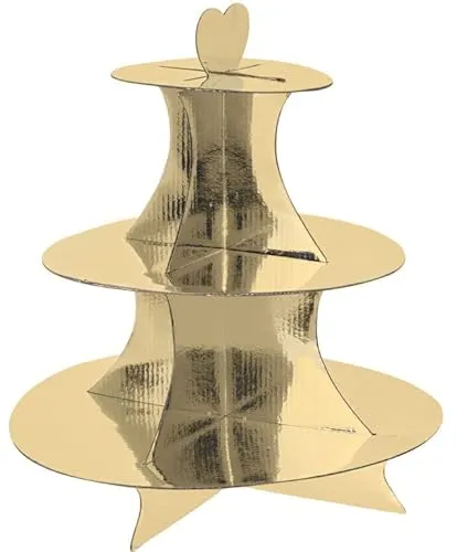 Spetebo Karton Etagere 34 x 30 cm mit 3 Ablagen - Gold - Servierplatte mit Herz Tragegriff - Dessert Muffin Cupcake Kuchen Platte Servier Papp Ständer