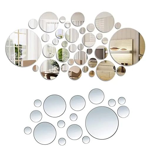 Runde Spiegelfliesen Selbstklebend,32 Stück Spiegelfliesen Wandaufkleber Acrylspiegel Kunststoff Spiegel Kreis Spiegel Einstellung Wand Aufkleber Aufkleber Dekoration mit 6 verschiedenen Größen