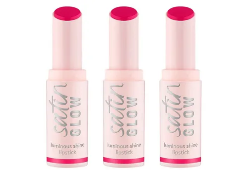 Essence Lippenstift SATIN GLOW LUMINOUS SHINE LIPSTICK, 3-tlg., Satin-Finish, langanhaltend, Farbintensiv, hohe Deckkraft