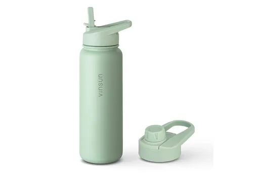 Vinsun Isolierflasche Edelstahl 750ml mit 2 Deckeln - Isolierflasche aus Edelstahl, perfekt für Sport und Freizeit. Doppelwandige Isolierung hält Getränke stundenlang heiß oder kalt. BPA-frei und auslaufsicher für sorgenfreies Trinken!