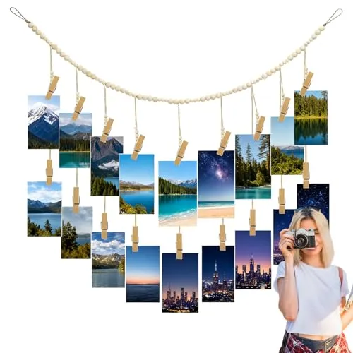 Stück Fotoseil mit Klammern, Bilderleine mit Holzklammer Perlen Herz Fotoleine Wanddekoration DIY Kreative Fotoaufhängung für Aufhängen Fotopostkarten Bilderrahmen 2