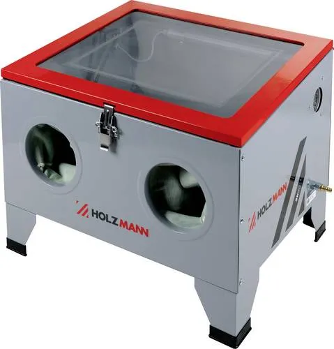 Holzmann Sandstrahlkabine SK90_230V - Werkstatteinrichtung mit leistungsstarkem Sandstrahlgerät für präzise Oberflächenbearbeitung und effektive Reinigung von Metallteilen.