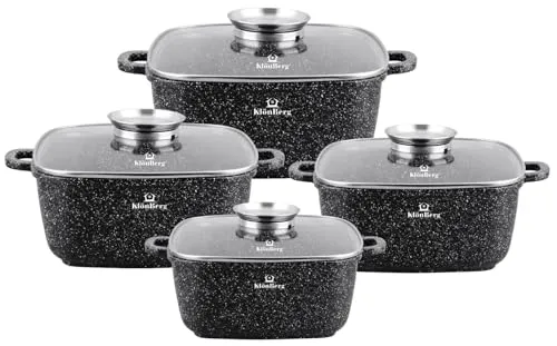 KlönBerg 8-tlg schwarzes Topfset,mit Marmorierung,für alle Herdarten, MIT DECKEL, Topfset quadratisch SCHWARZ KB4058