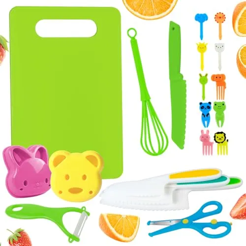 xyuayamz Messer für Kinder, Kindermesser Set mit Schneidebrett, Montessori Küchenutensilien, Kindermesser ab 3 jahre, zum Schneiden und Kochen von Obst oder Gemüse für Kleinkinder(20-teiliges)