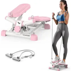 Mini Stepper 2-in-1 mit LCD-Display & Widerstandsseilen – Dreh- & Seitenschritttrainer bis 150 kg, Hometrainer für Beine, Po & Arme, Anfänger, ... - Rosa