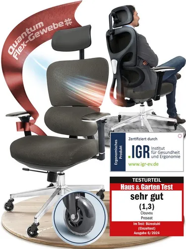 CLOUVOU Bürostuhl ProSeat - Ergonomischer Gaming Stuhl mit 4D Armlehnen - Ergonomischer Bürostuhl ProSeat für Büro und Home Office, mit thermoregulierendem QuantumFlex-Gewebe und flexiblen 4D-Armlehnen für optimalen Komfort und gesunde Sitzhaltung.