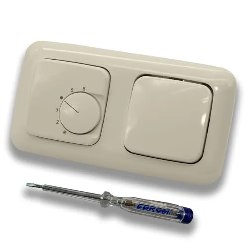 Halmburger UP Raumthermostat Raumtemperaturregler RTR-76cg in Busch Jäger DURO2000 cremeweiß Rahmen 2512-212 + Tastschalter Taster 2020 US inkl. EBROM Phasenprüfer zur Montage der Geräte RTR-76 (cg)