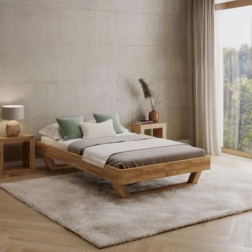 skølm Nornir Massivholzbett 120x200 cm – Bettrahmen aus Massivholz Eiche geölt – hochwertiges Holzbett mit Kufen Bettbeinen – Bettgestell ohne Bettkopf – geeignet als Doppelbett