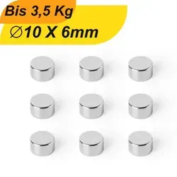 Neodym Magnet 10mm x 6mm - Supermagnete mit hoher Haftkraft - Starker Neodym Magnet 10x6mm für vielseitige Anwendungen. Hohe Haltekraft und langlebige Beschichtung bieten zuverlässige Leistung in handwerklichen und industriellen Bereichen.