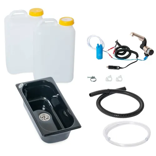12V Camping Bausatz Waschbecken schwarz 325x176x100mm 19 Liter T4 T5 T6 Vito Set - Praktisches Waschbecken für mobile Küchen, ideal für Camping und Reisen. Kompakt mit 19 Litern Volumen, perfekter Begleiter für unterwegs.