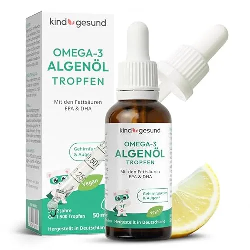Vegane Omega-3 Algen Tropfen für Kinder - 50 ml - Omega-3 Öl für Kinder ab 3 Jahren, mit 205 mg DHA & 103 mg EPA pro Dosis. Leckerer Zitronengeschmack und einfache Einnahme für gesunde Entwicklung von Herz, Gehirn & Augen.