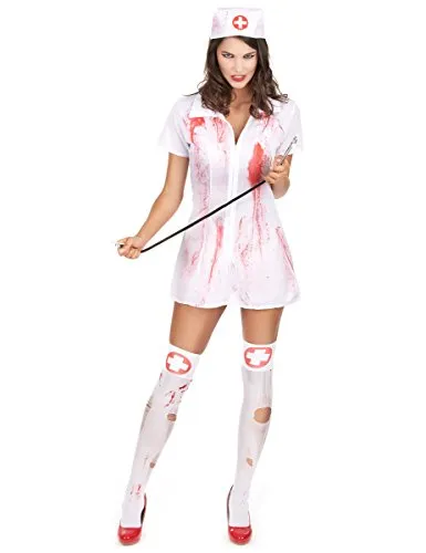 JADEO Zombie-Kostüm Blutige Krankenschwester - Zombie-Kostüm für Damen, bestehend aus einem blutbesudelten Kleid und Haube – perfekt für unheimliche Halloween- und Mottopartys!