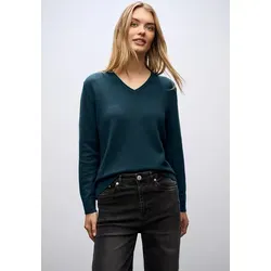 Strickpullover STREET ONE, Damen, Gr. 44, tide blau, Stoff, 50% Viskose, 28% Polyester, 22% Polyamid, unifarben, normal normal, V-Ausschnitt, Rippbündchen, Pullover Strickpullover, in Unifarbe