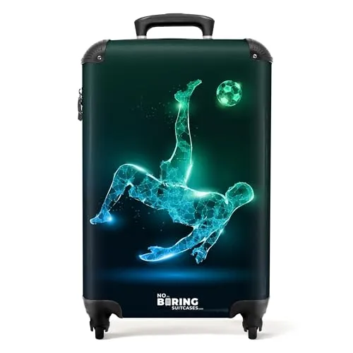 NoBoringSuitcases.com© Kinderkoffer mit leuchtenden Rädern - Fußballspieler Design - Bunter Hartschalenkoffer für Kinder mit 36 Liter Stauraum, 4 Rollen und verstellbarem Teleskopgriff. Ideal für Reisen, sorgt für Ordnung und gute Laune!