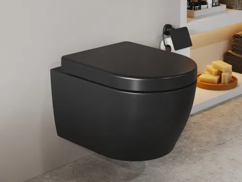 Aqua Bagno Cocon 2.0 Tiefspül-WC Set - Wandhängendes WC mit softclose Sitz in schwarz matt, randlos für optimale Hygiene. Ergonomischer Duroplast-Sitz sorgt für Komfort und einfache Pflege.