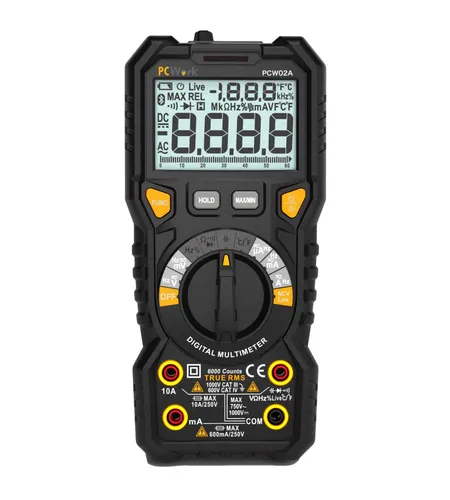 PCWork PCW02A Digitales True RMS Multimeter - Multimeter für Profis mit 6000 Counts, automatischer Messbereichswahl und robuster Gummi-Ummantelung. Ideal für präzise Messungen in anspruchsvollen Umgebungen.
