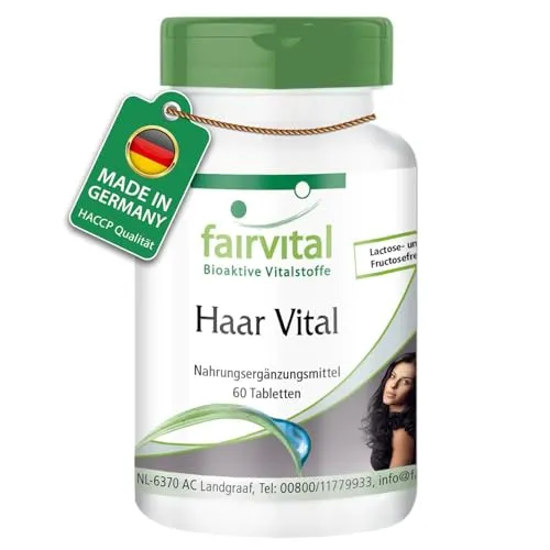 fairvital Haar Vitamine Tabletten, Haar Vital, HOCHDOSIERT, 60 Tabletten, mit Vitamin B-12, Biotin, Zink, Spurenelementen, Bierhefe und Sojaprotein