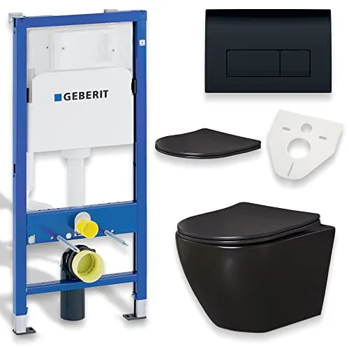 KOLMAN WC Set: Geberit Duofix Basic UP 100 mit Delos Wand-WC in Schwarz - Spülkästen für modernes Baddesign, inklusive randloser WC-Schüssel für einfache Hygiene und Soft-Close WC-Sitz mit Easy-Off-Funktion für mühelose Reinigung.