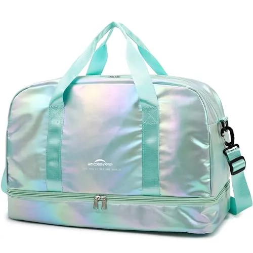 ZIOSINM Sporttasche Damen, 40L Reisetasche Damen Weekender, Glitzer Sporttasche mit Schuhfach und Nassfach, Saunatasche Schwimmtasche Trainingstasche Fitnesstasche Gym Travel Bag (Grün)