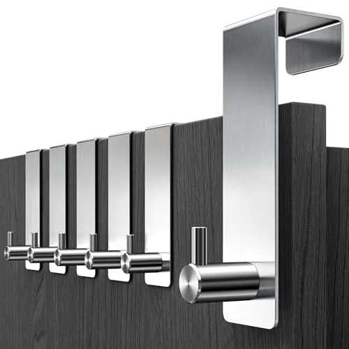 Menz Türhaken, 6 Stück - Türhaken zum Einhängen aus Edelstahl, stabile Kleiderhaken Tür, Haken zum Einhängen als flexible Türgarderobe, Türhakenleiste