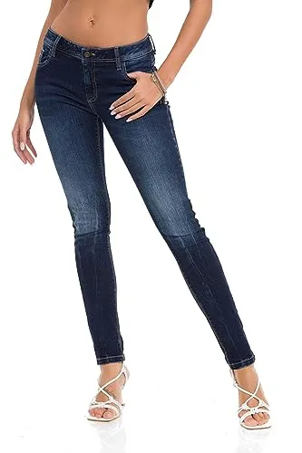 Cipo & Baxx Damen Jeans WD443 Dunkelblau - Slim Fit Straight Uni Look Jeans Hose - Schlichtes Design, Atemberaubender Look, Angenehmes Gefühl - WD443 Dunkelblau W28-L32
